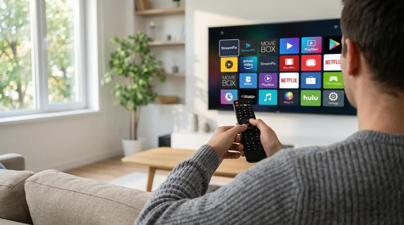 Over-the-shoulder view of a person using a remote to navigate a smart TV's app menu.