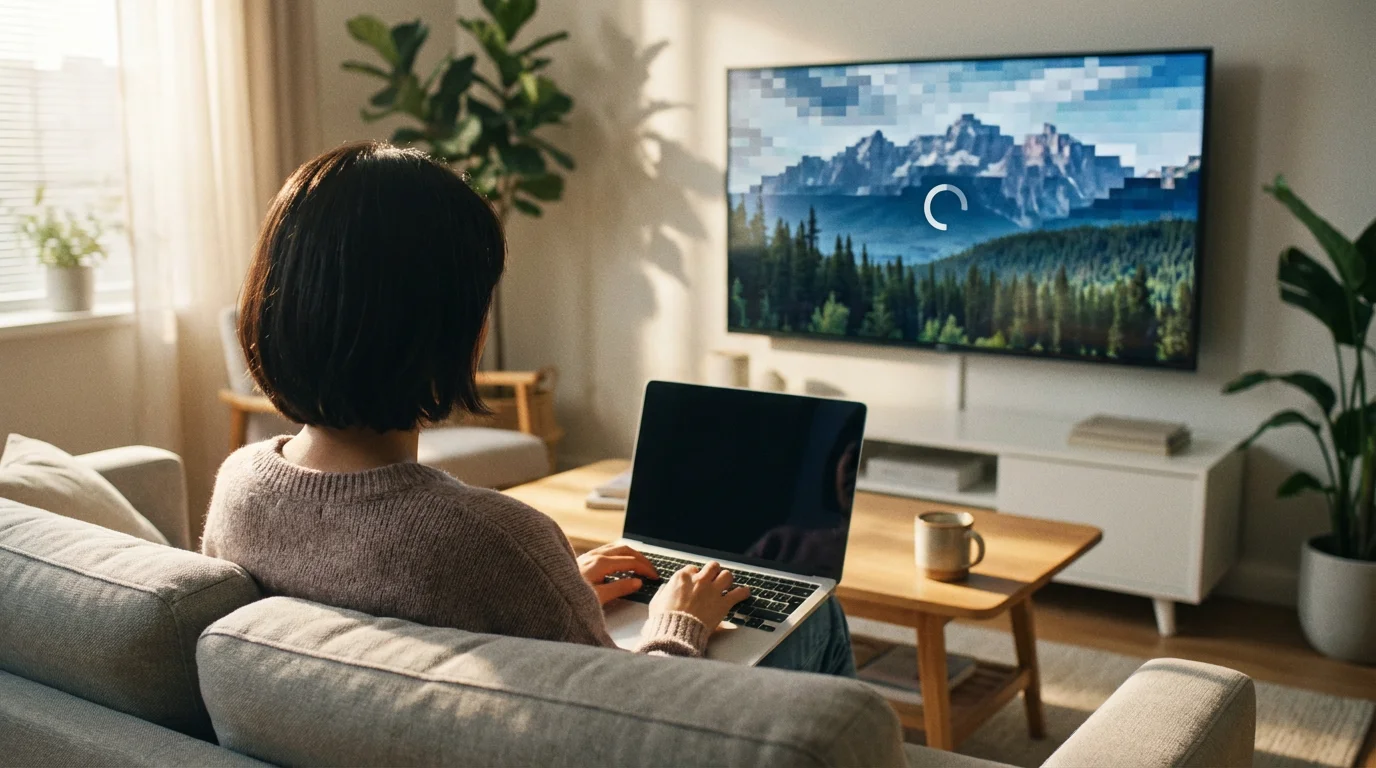 Over-the-shoulder view of a person using a laptop to fix a frozen streaming TV.
