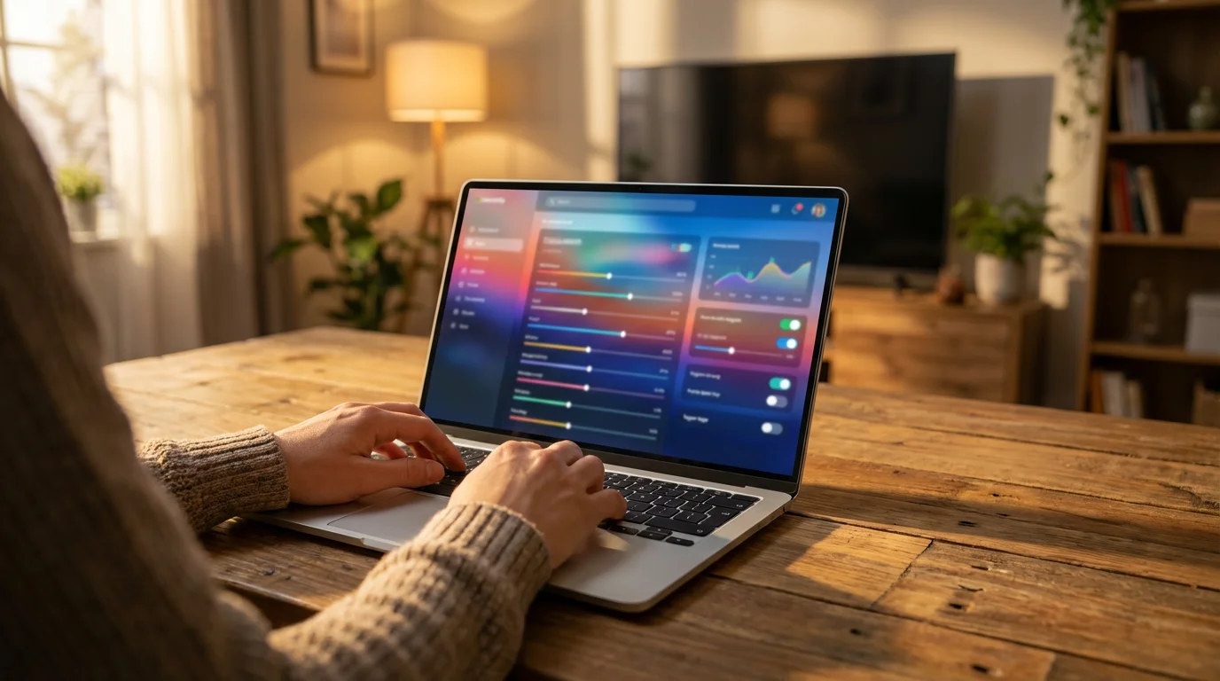 Over-the-shoulder view of a person using a laptop to adjust advanced network settings.