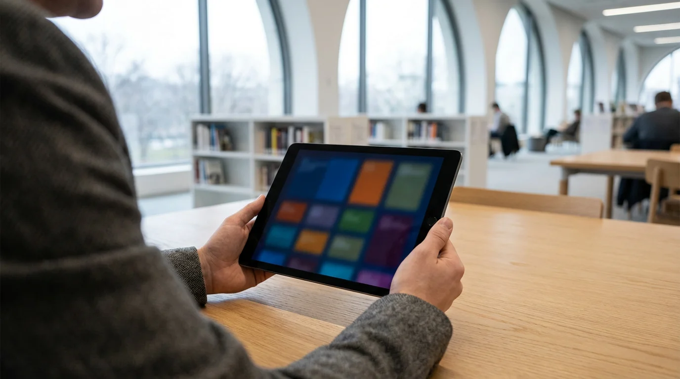 Over-the-shoulder view of a person using a streaming app on a tablet inside a library.
