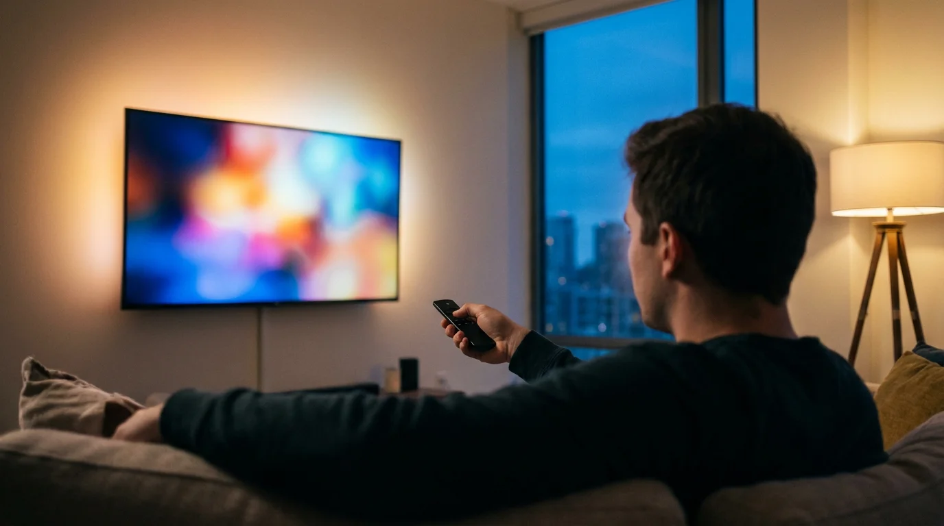 Over-the-shoulder view of a person watching a glowing TV in their apartment at dusk.