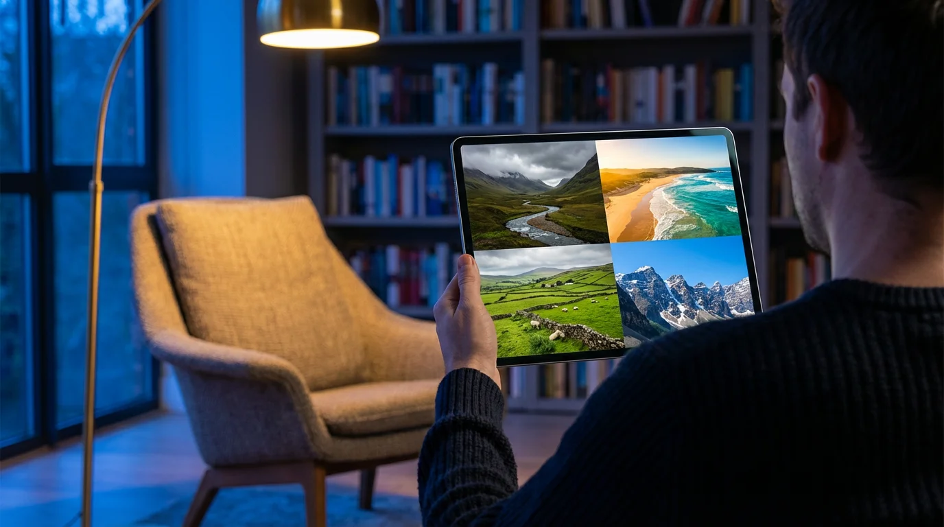 Over-the-shoulder view of a person watching international landscapes on a tablet during blue hour.