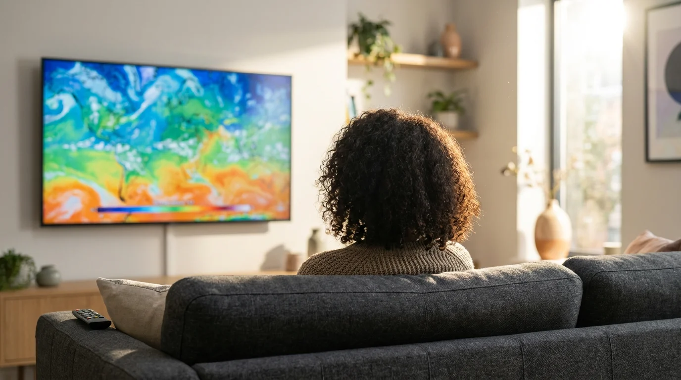 Over-the-shoulder view of a person watching a local news weather map on TV.