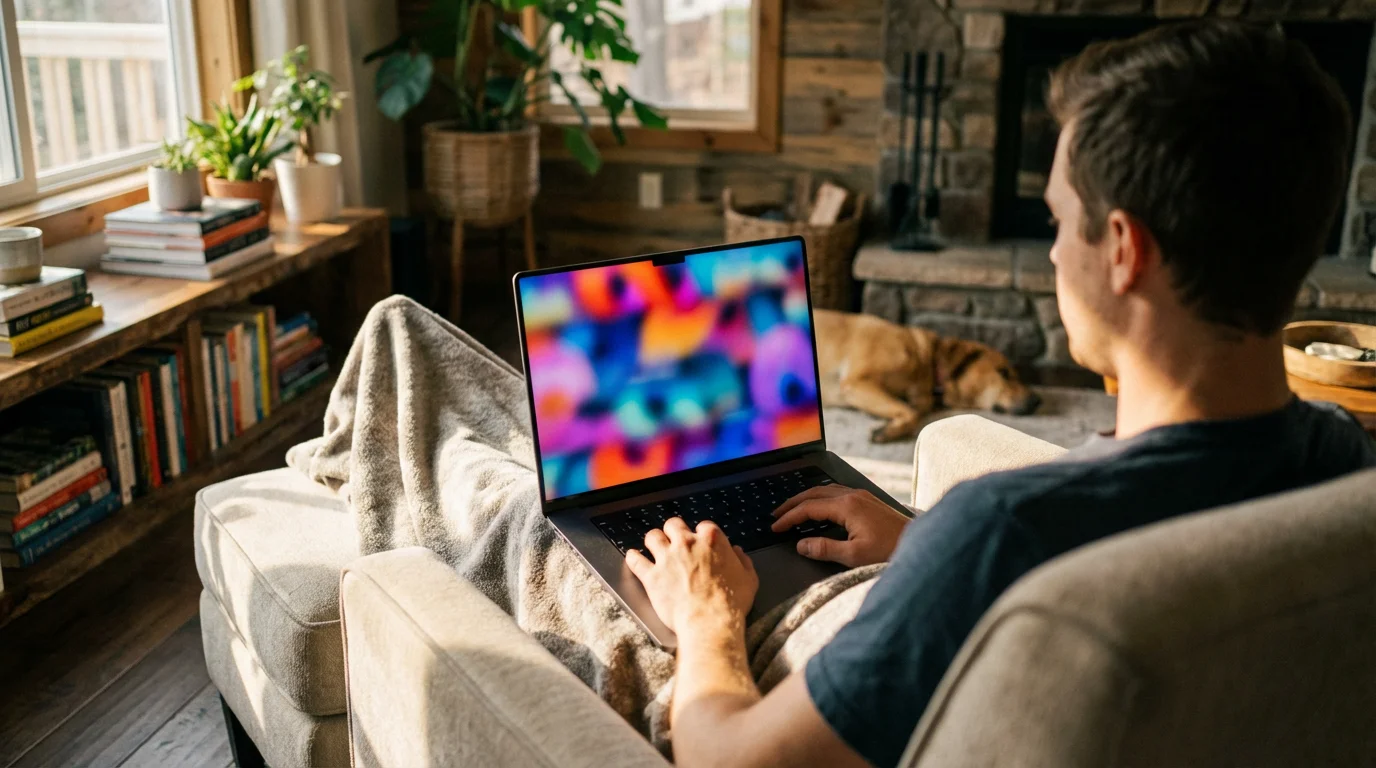 Over-the-shoulder view of a person watching a movie on a laptop in a sunlit room.