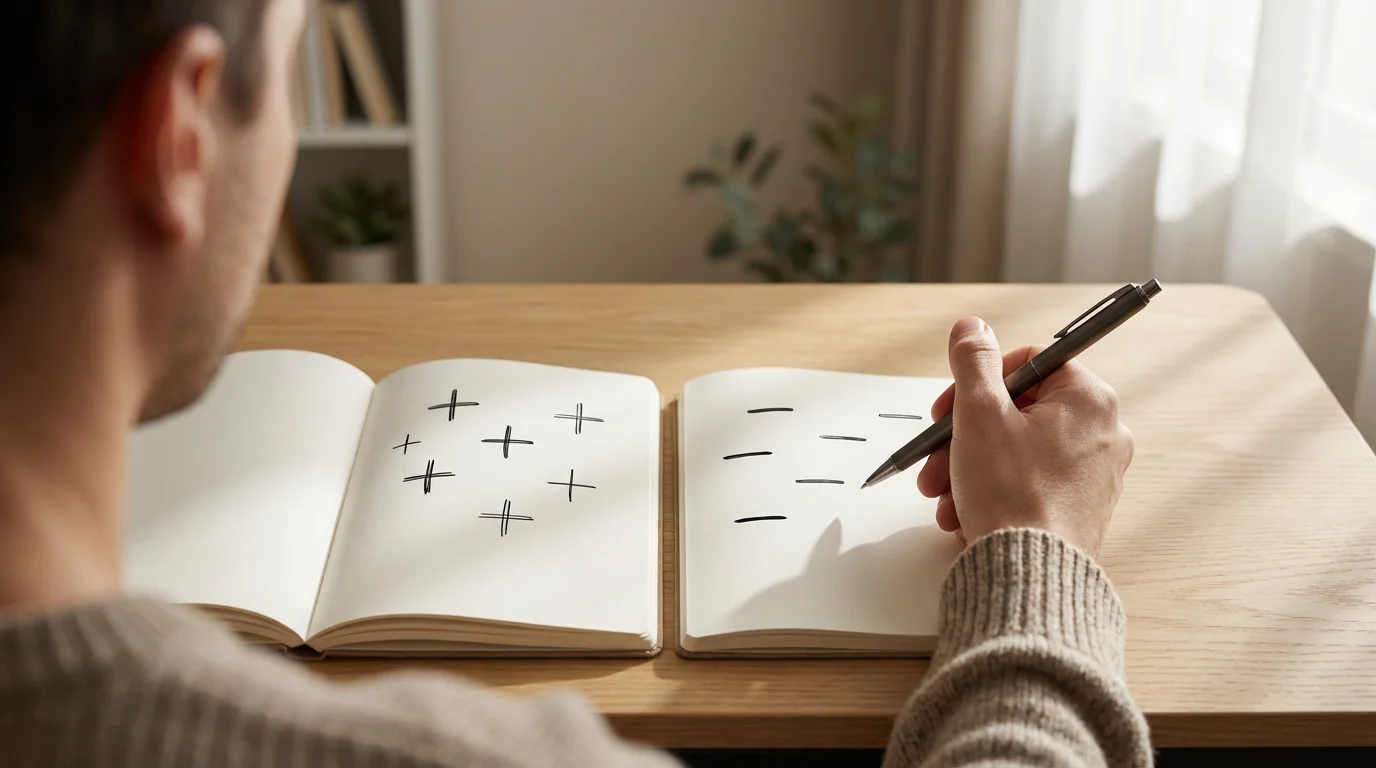Over-the-shoulder view of a person weighing pros and cons in side-by-side notebooks.