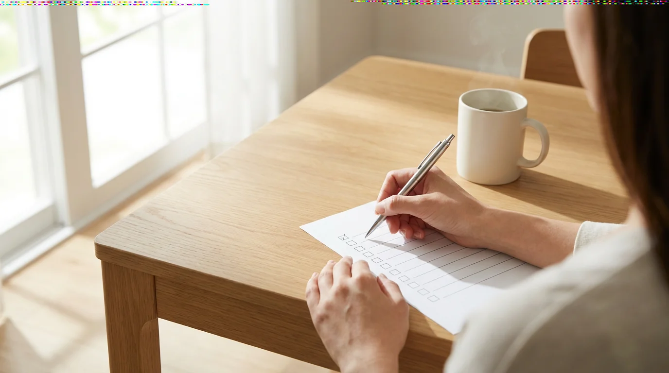 Over-the-shoulder view of a person with a pen preparing to complete a checklist.