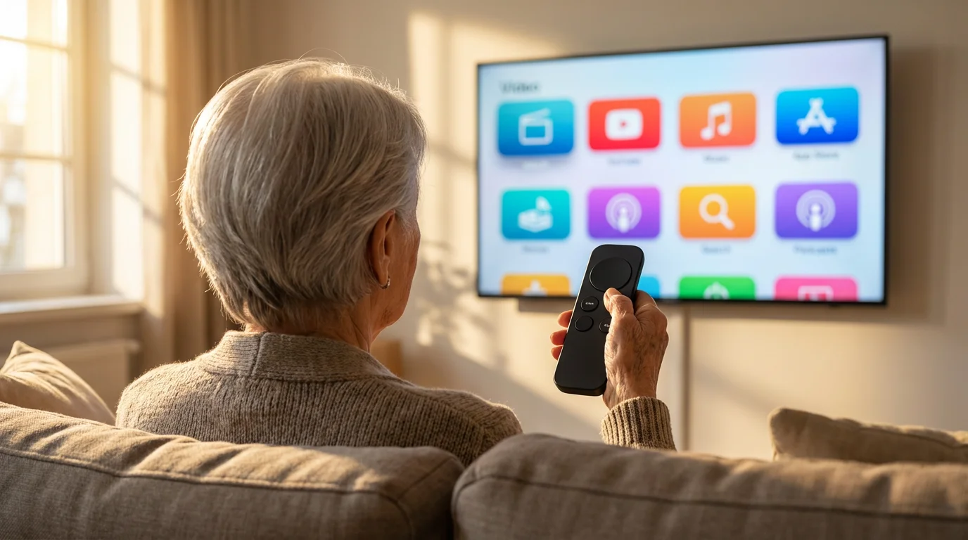 Over-the-shoulder view of a senior easily using a simple TV remote in their living room.
