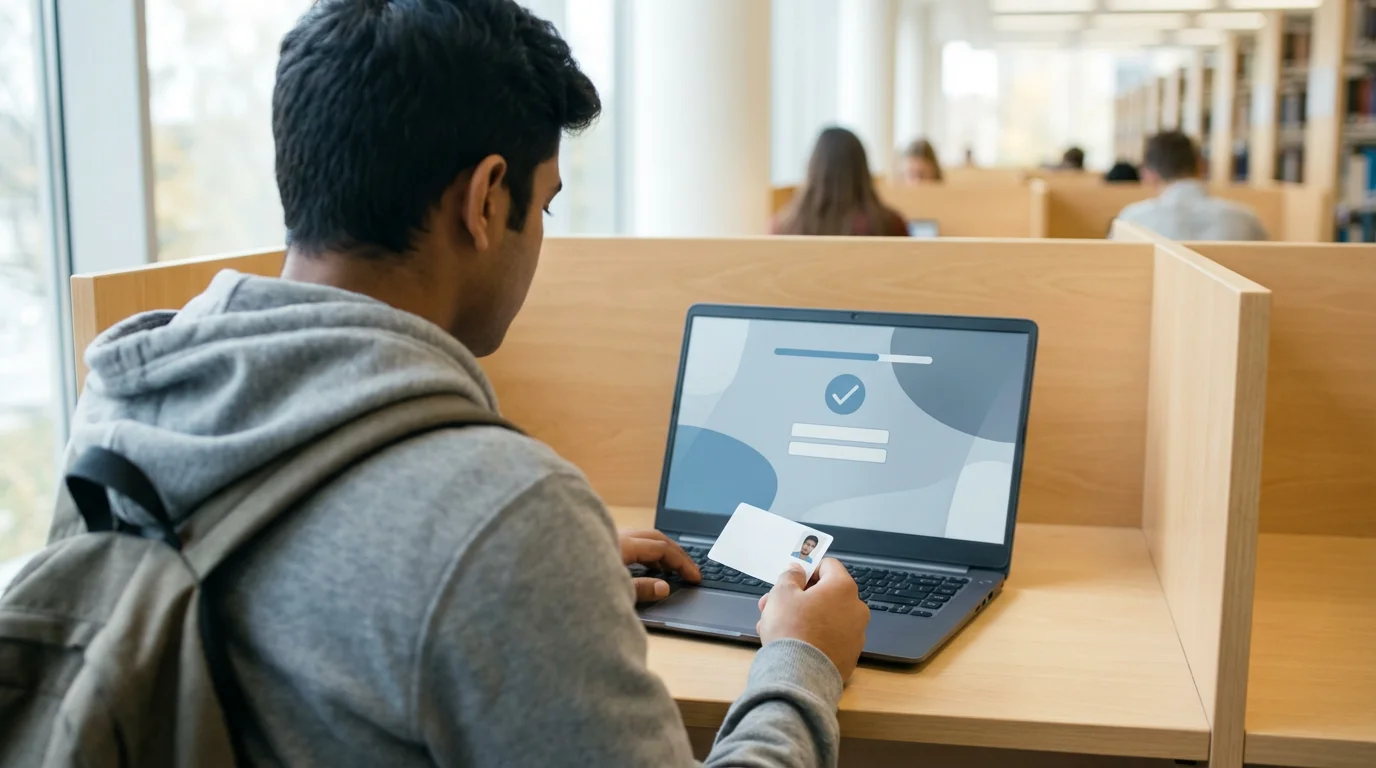 Over-the-shoulder view of a student using a laptop and ID card for verification.