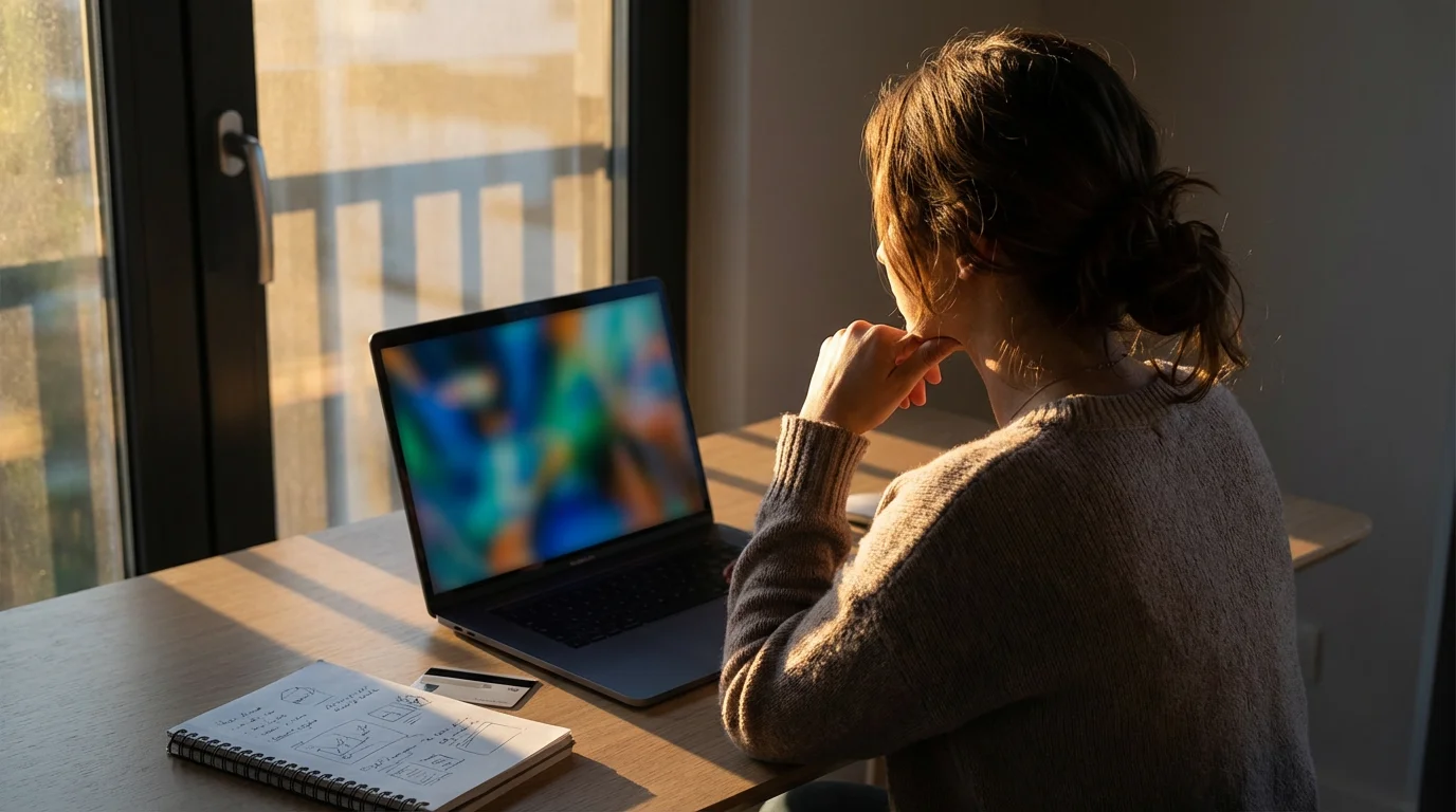 Over-the-shoulder view of a woman at a desk choosing a streaming plan on a laptop.