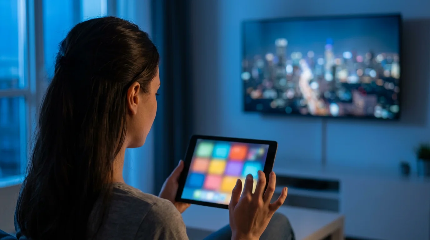 Over-the-shoulder view of a woman browsing a TV channel guide on a tablet at night.