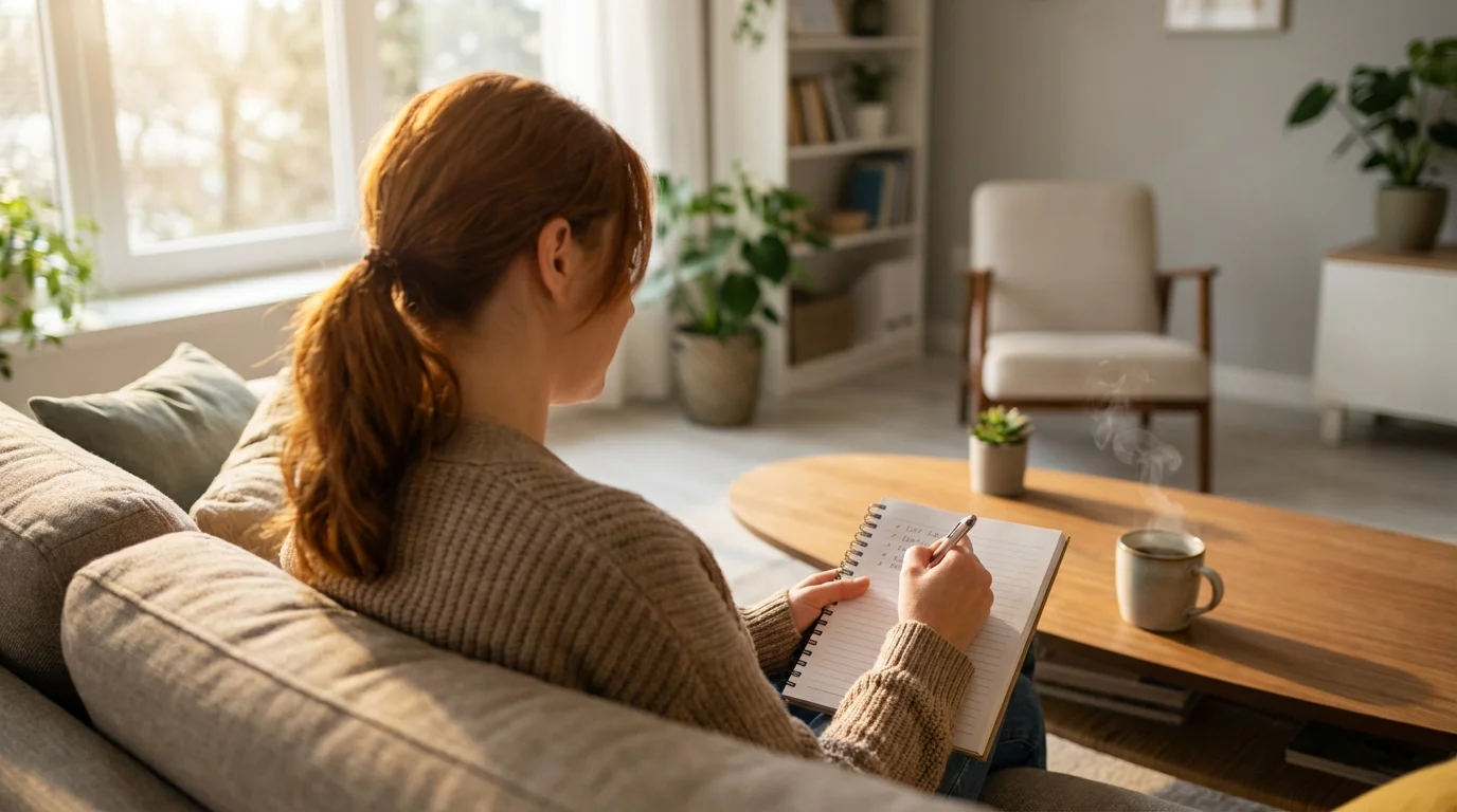 Over-the-shoulder view of a woman on a sofa writing in a notebook, planning.