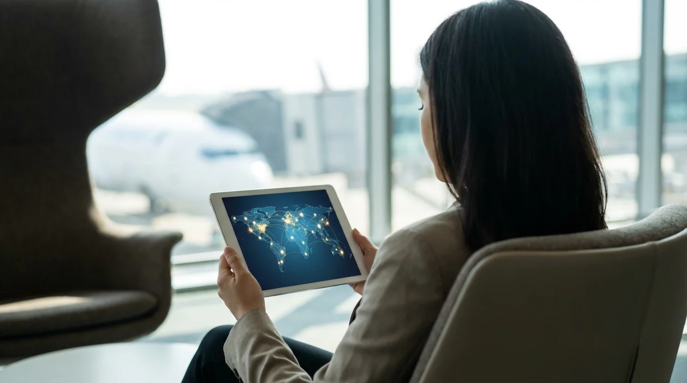 Over-the-shoulder view of a woman using a tablet with a world map in an airport.