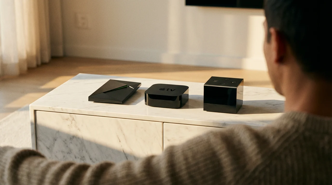 Over-the-shoulder view of an Nvidia Shield, Apple TV, and Fire TV Cube on a marble console.
