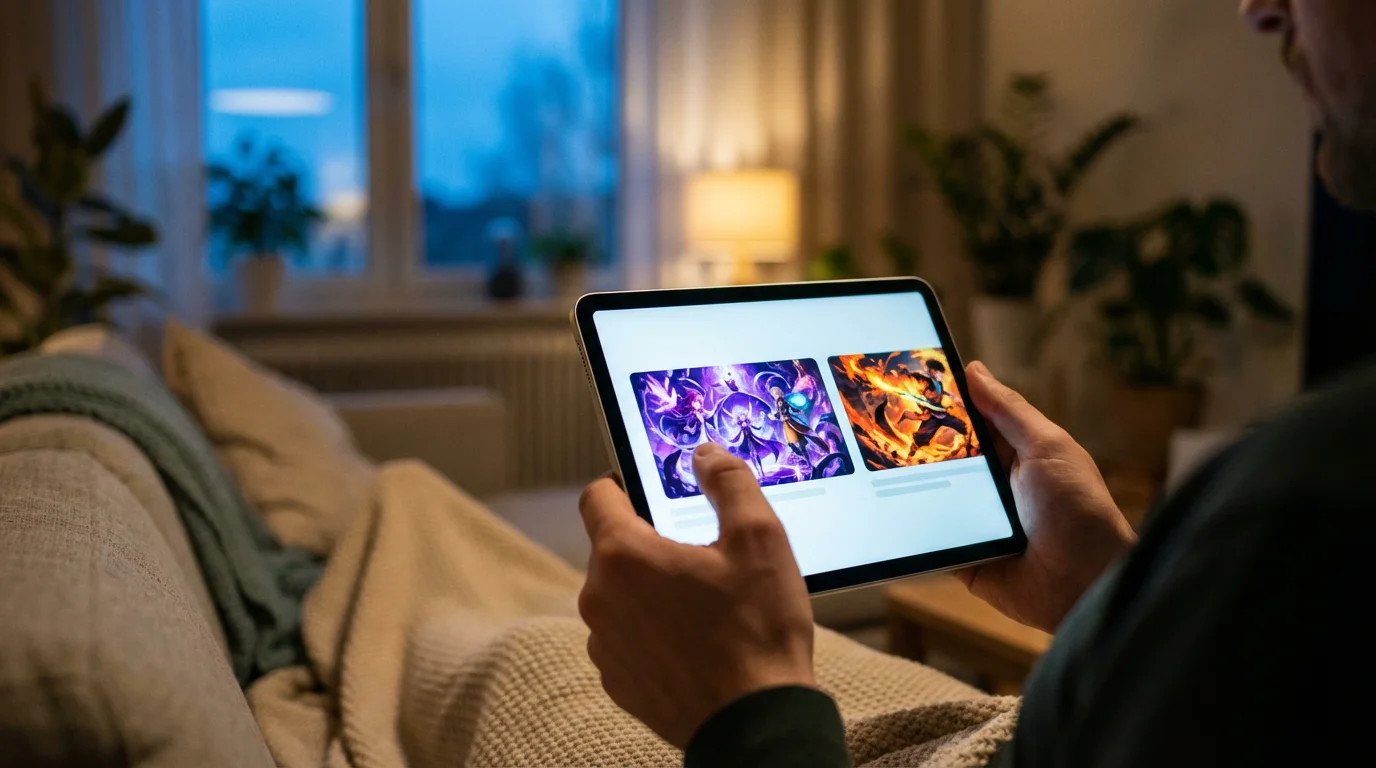 Over-the-shoulder view of hands holding a tablet displaying two anime thumbnails during blue hour.