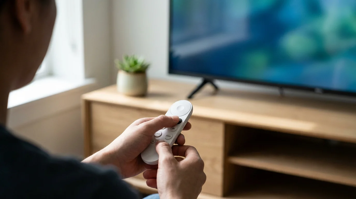 Over-the-shoulder view of hands holding a white Google TV remote in a living room.