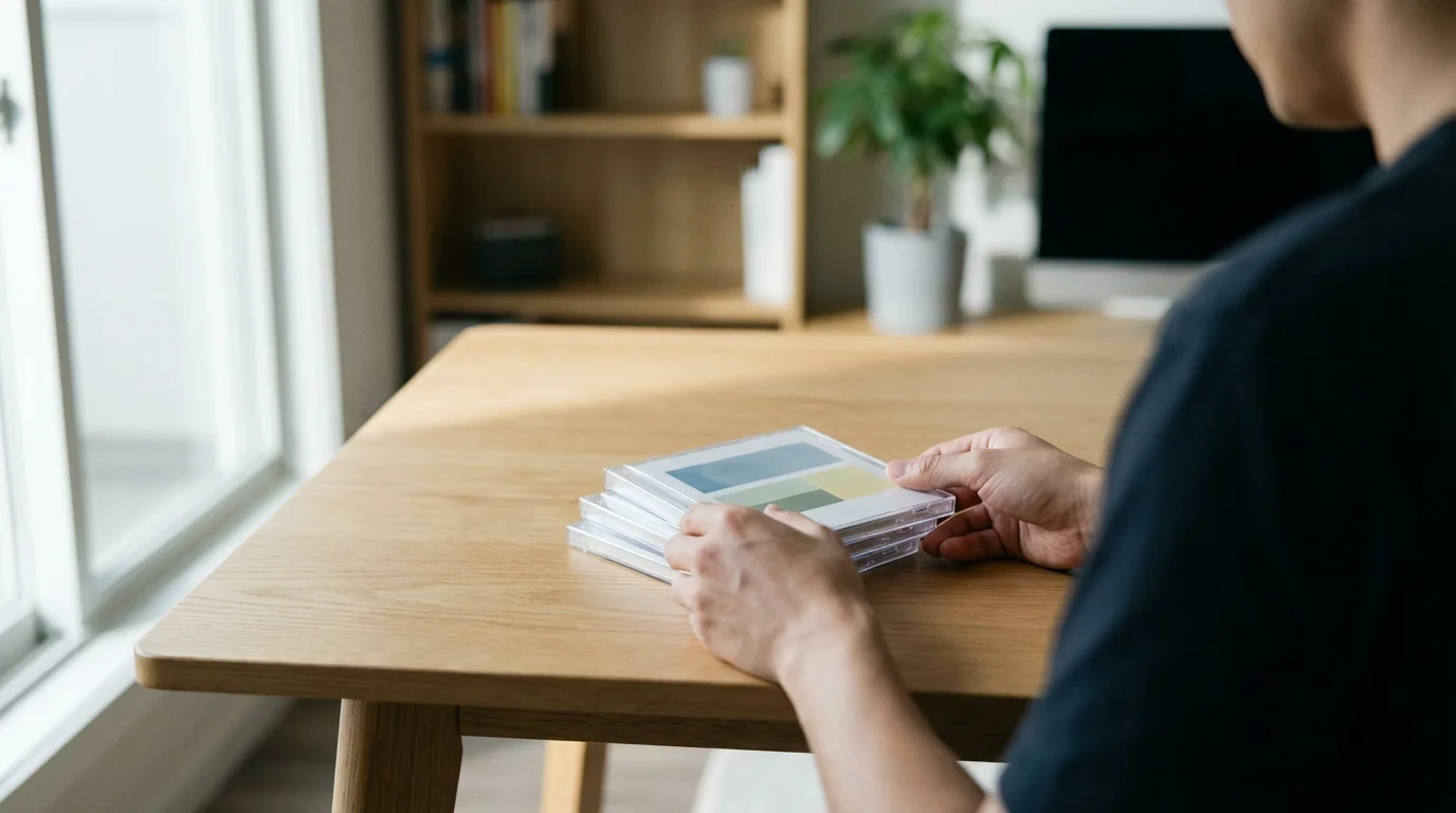 Over-the-shoulder view of hands moving a stack of generic media cases on a desk.