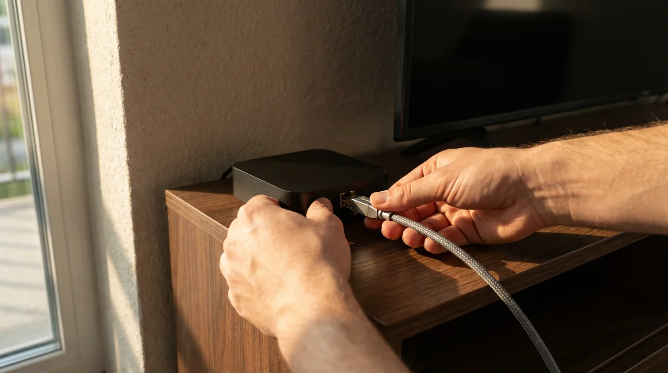 Over-the-shoulder view of hands plugging an ethernet cable into a modern Wi-Fi router.