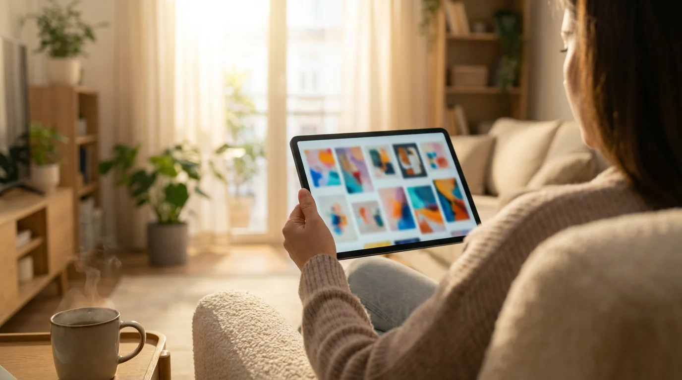 Over-the-shoulder view of person browsing streaming app on tablet in sunlit room.