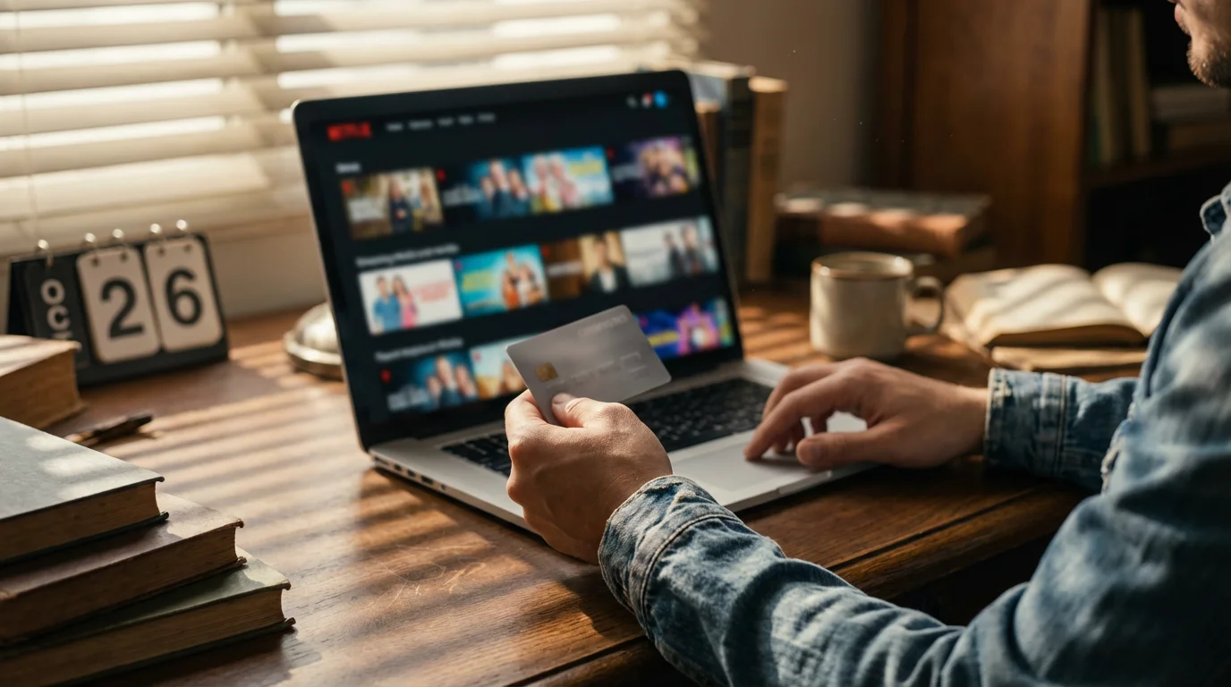 Over-the-shoulder view of person holding credit card at laptop desk with dramatic shadows.