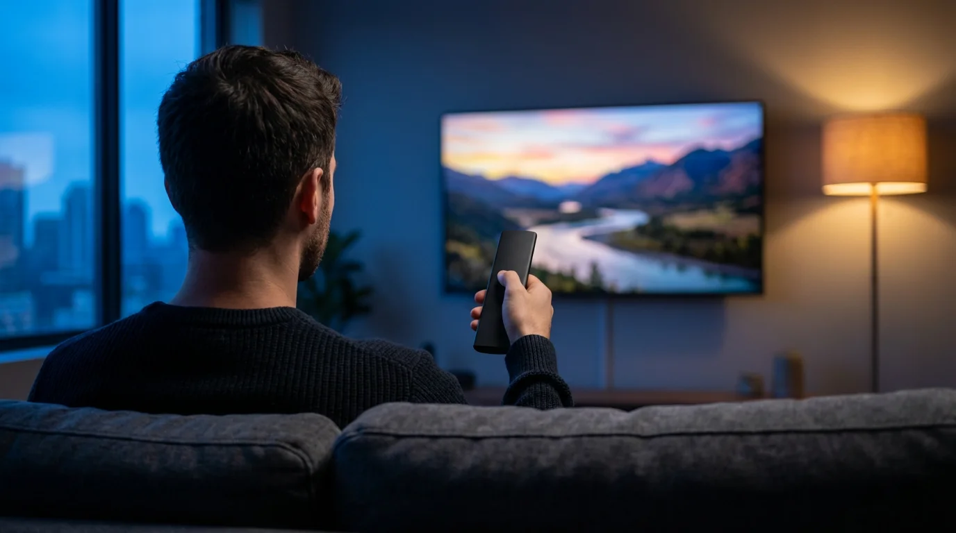 Over-the-shoulder view of person holding remote control facing TV during evening blue hour.