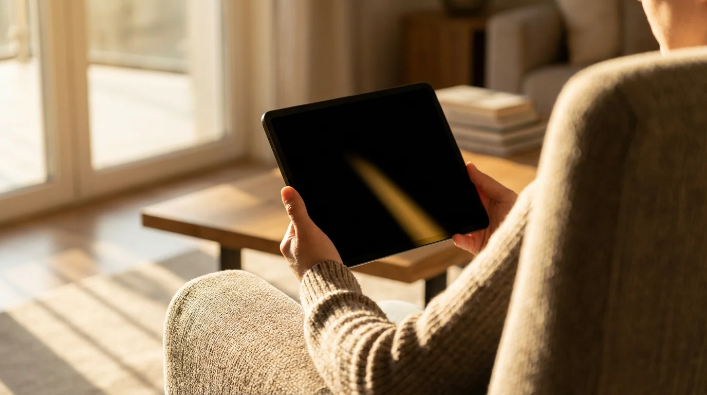 Over-the-shoulder view of person holding tablet in sunlit living room.