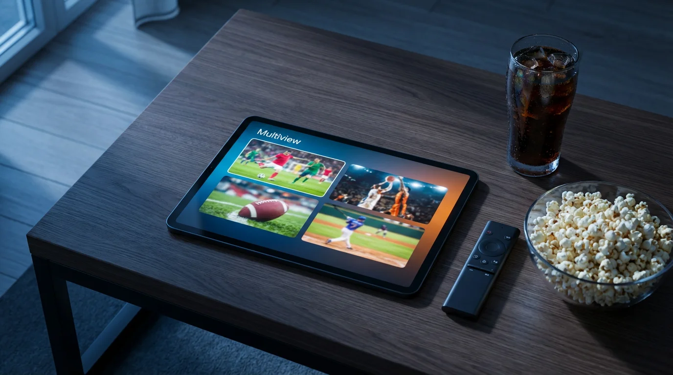 Overhead view of a tablet showing four sports games at once on a table.