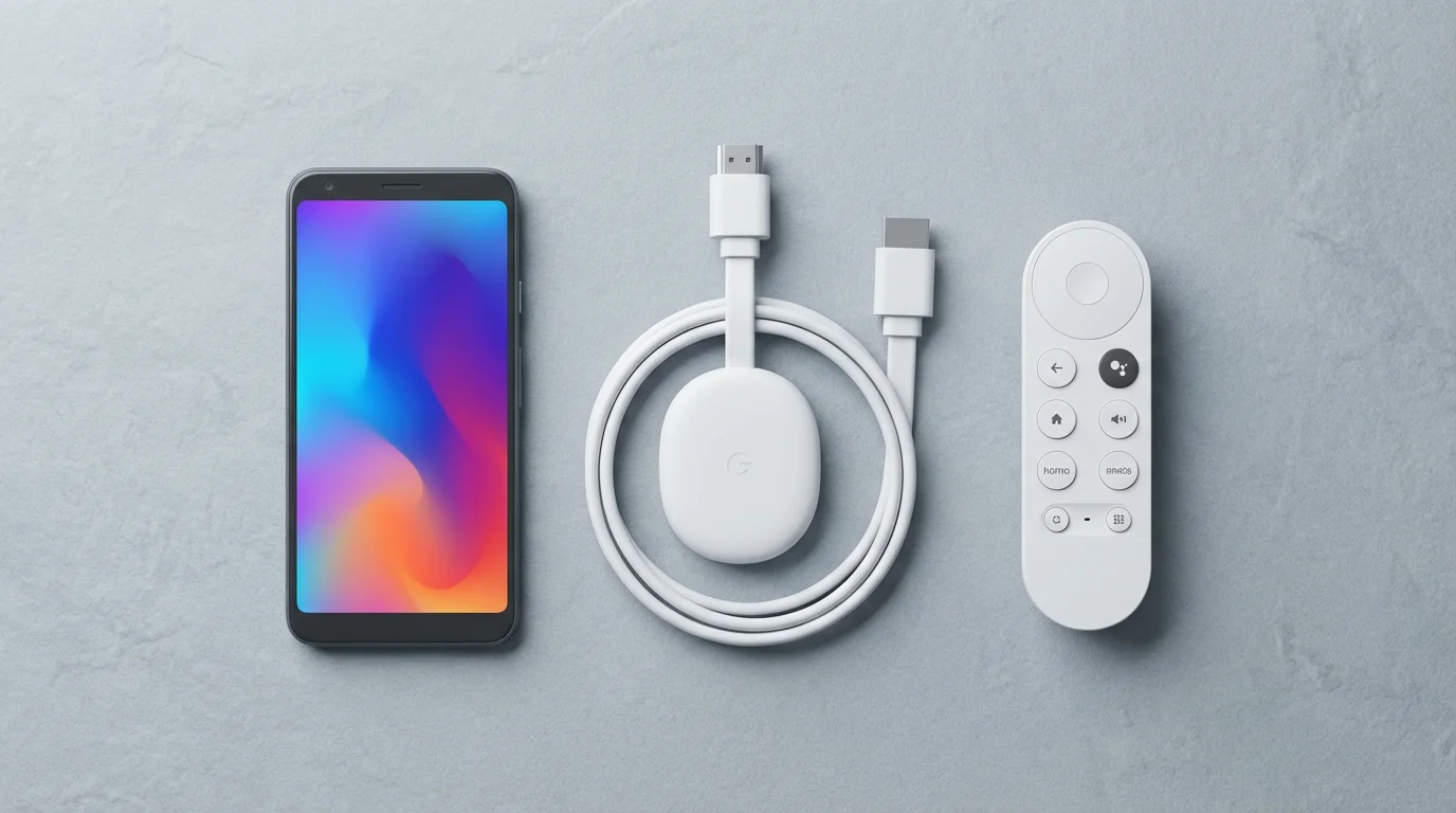 Overhead view of an Android phone, Google Chromecast, and remote for TV casting.