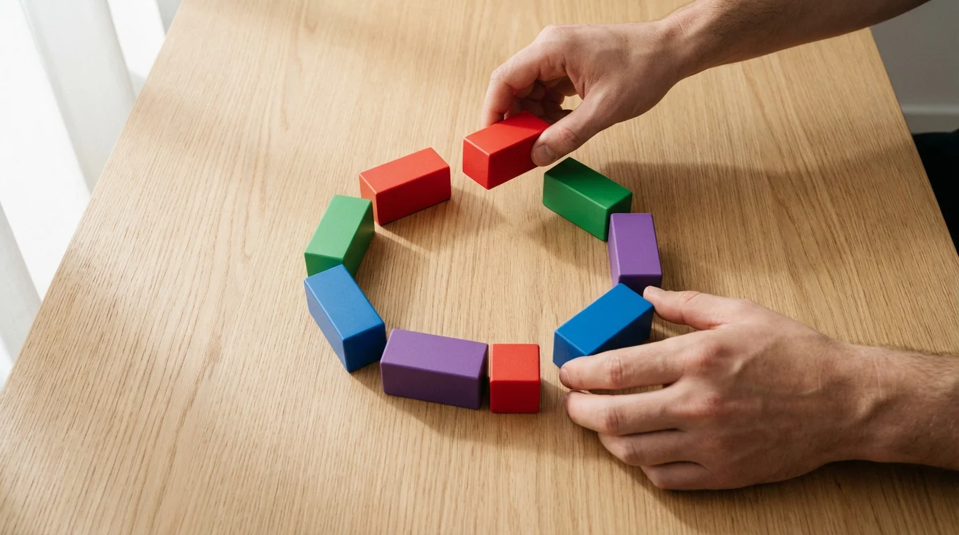 Overhead view of hands arranging colorful blocks in a circle on a wooden desk.