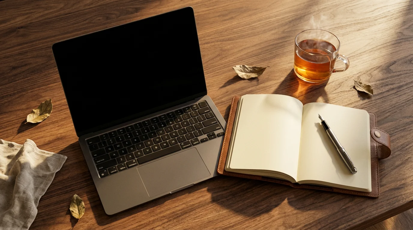 Overhead view of laptop and notebook on wooden desk in warm sunlight.