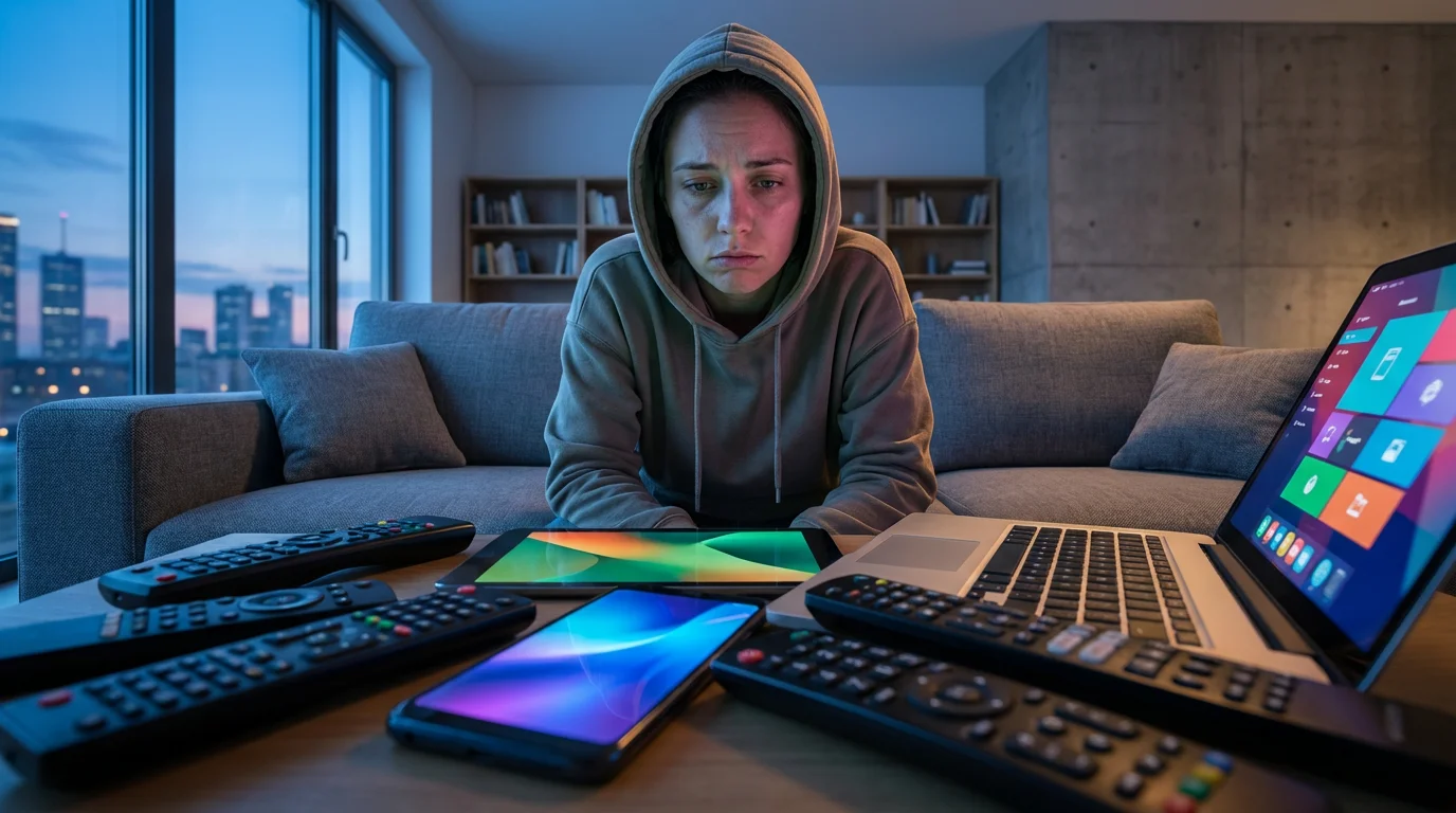 Overwhelmed person with multiple remotes and streaming devices in a dimly lit living room.