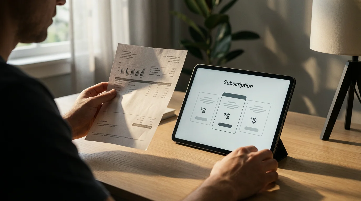 Person at a desk comparing a paper cable bill with a streaming subscription on a tablet.