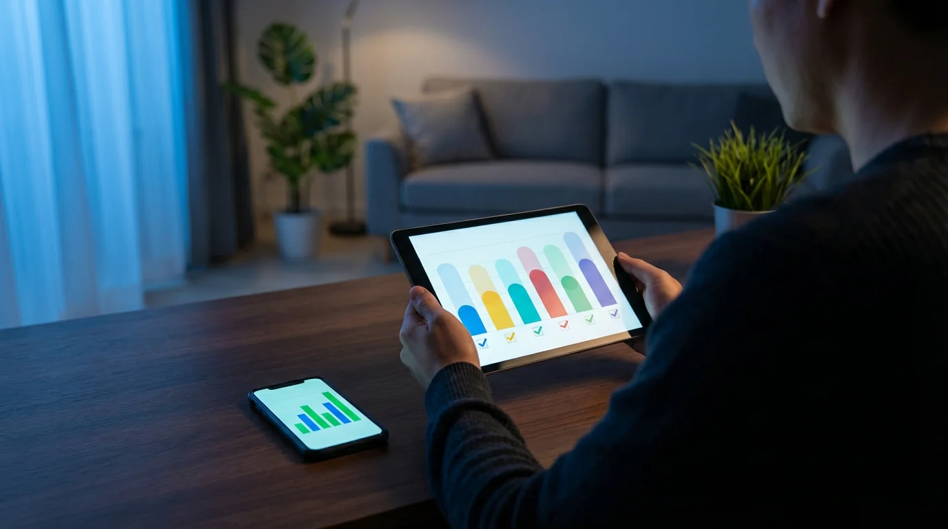 Person at a desk researches streaming options on a tablet and smartphone at dusk.