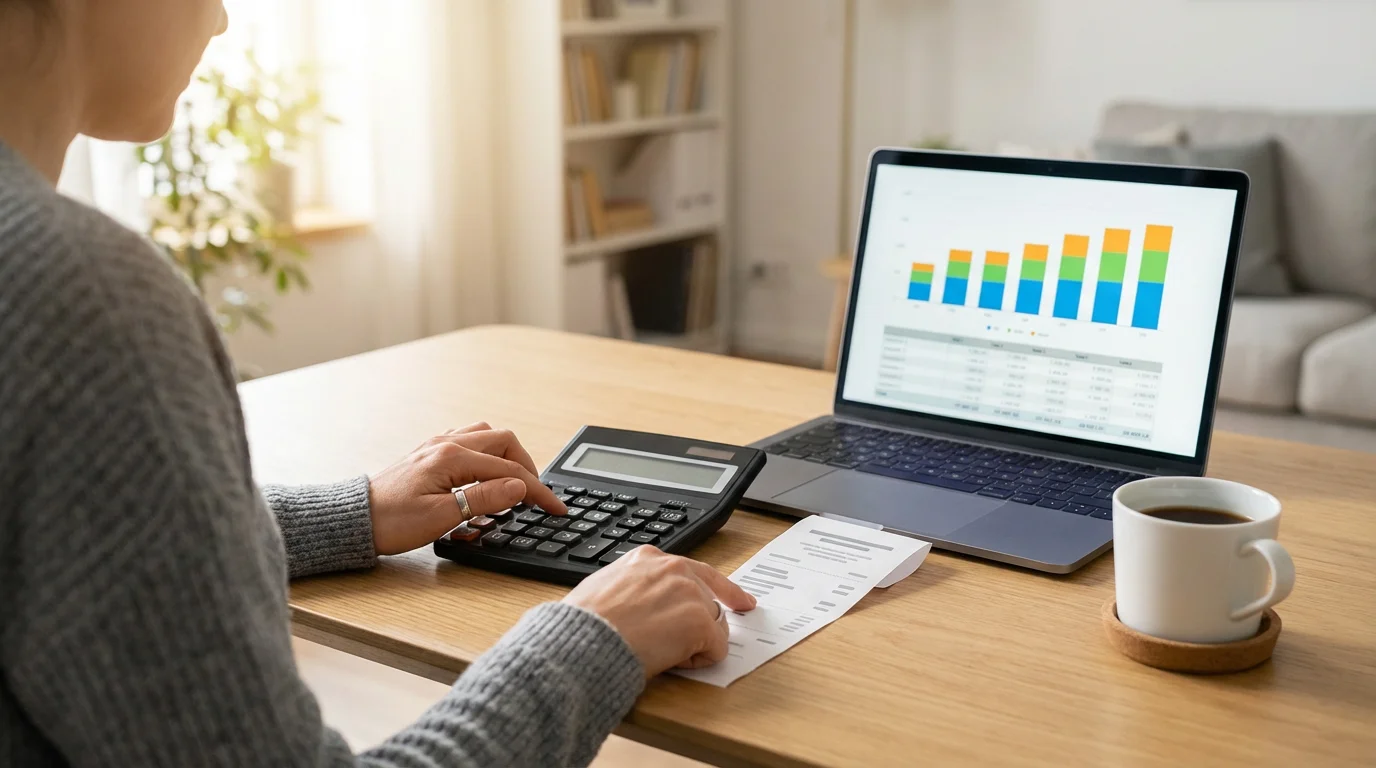 Person at a desk with a calculator and bill, calculating streaming versus cable costs.