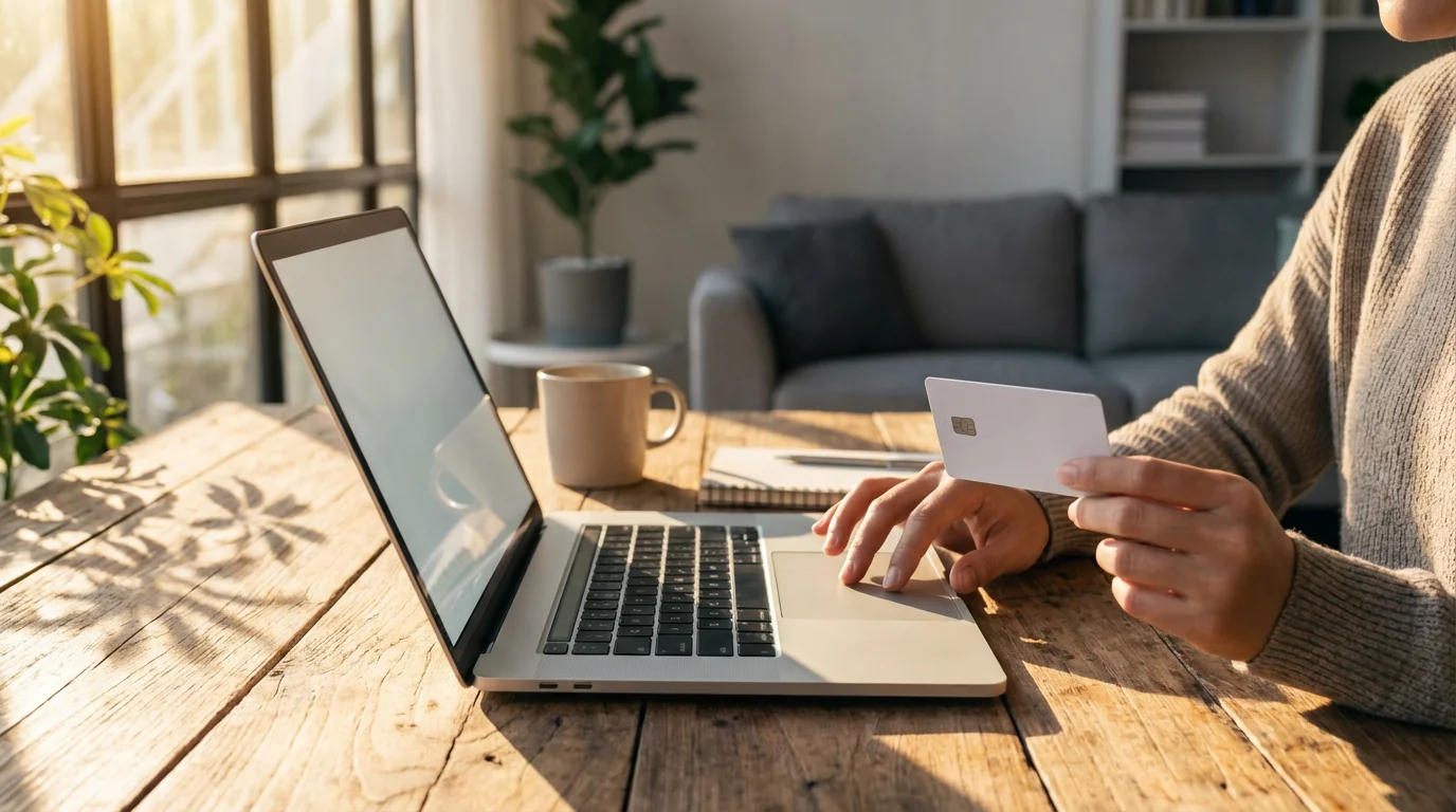 Person at a desk with a laptop and credit card, managing online streaming subscriptions.