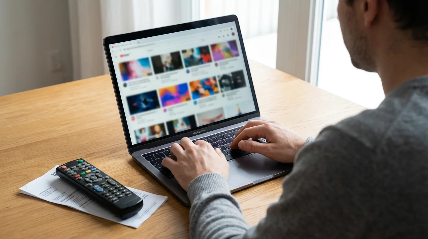 Person at a desk with a laptop showing streaming options, deciding to cut cable.