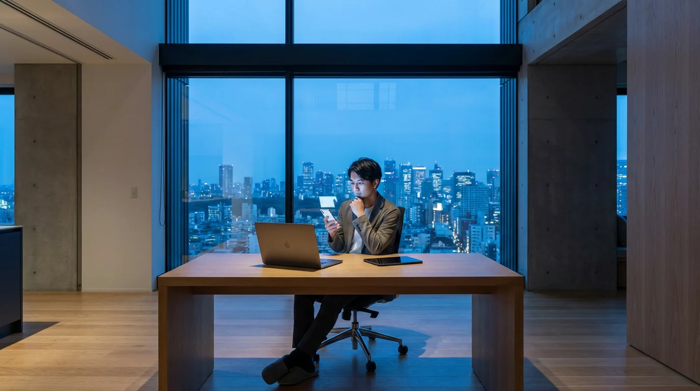 Person at a desk with phone, tablet, and laptop at twilight, contemplating.