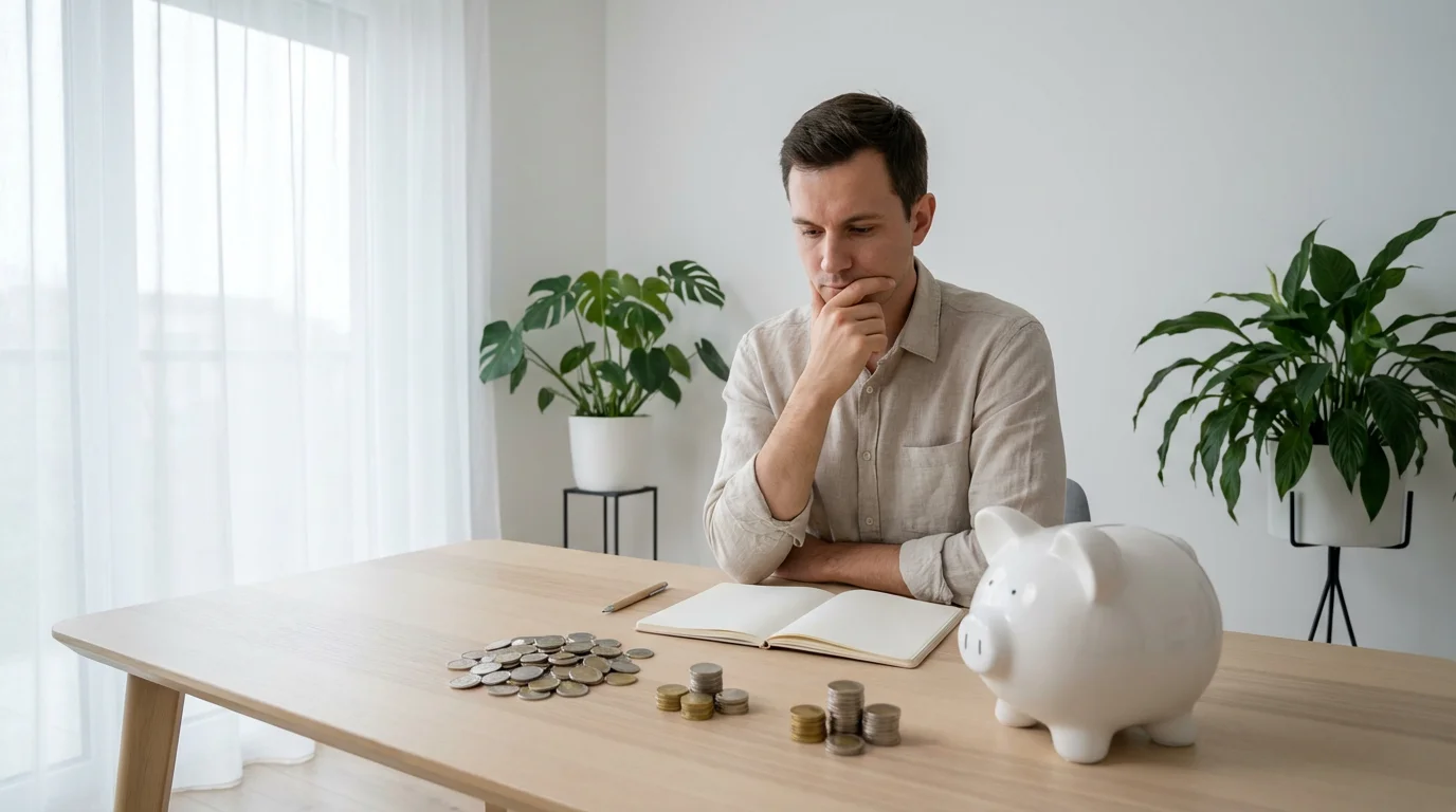 Person at a desk with piles of coins and a piggy bank, planning a budget.
