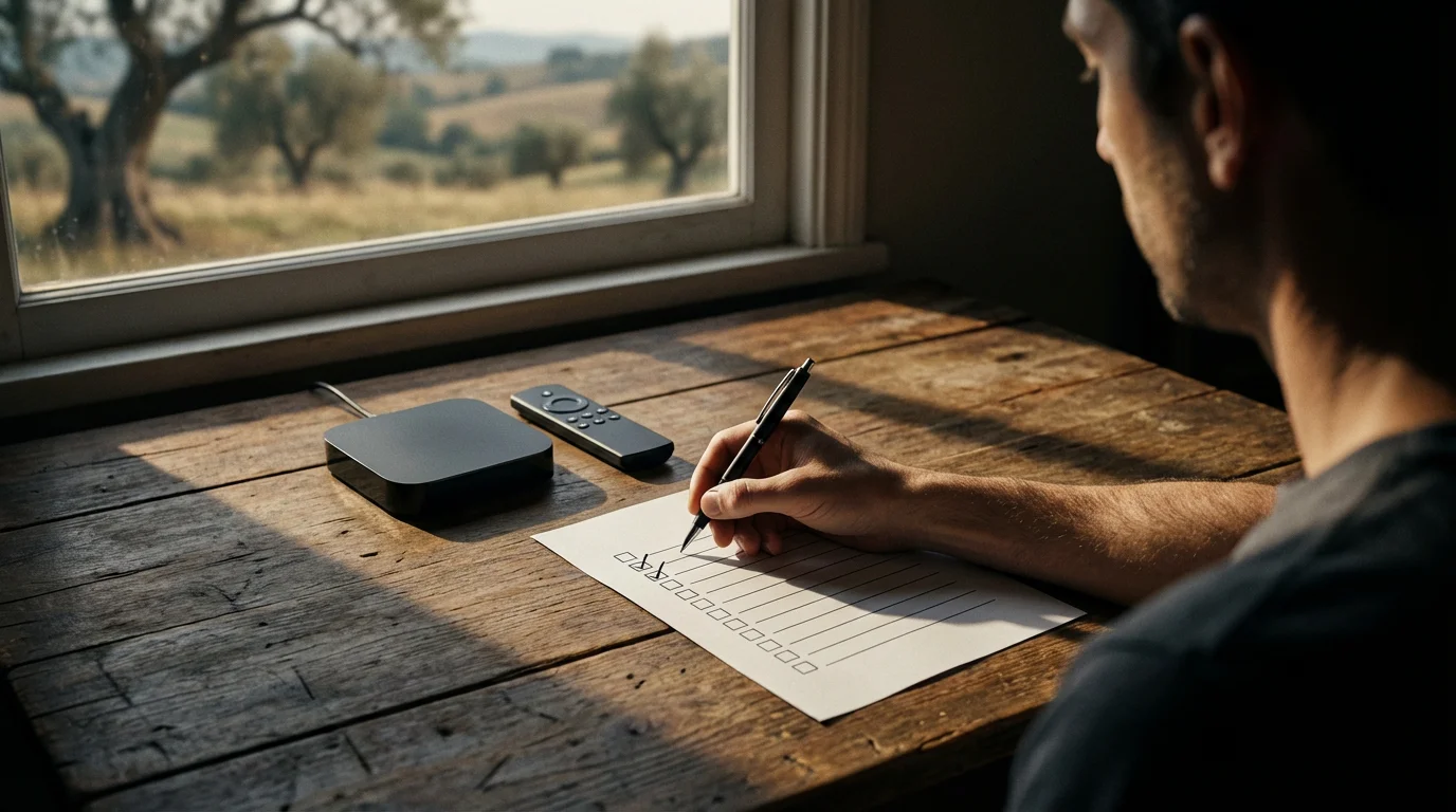 Person at a rustic desk using a checklist to plan their cord-cutting setup.