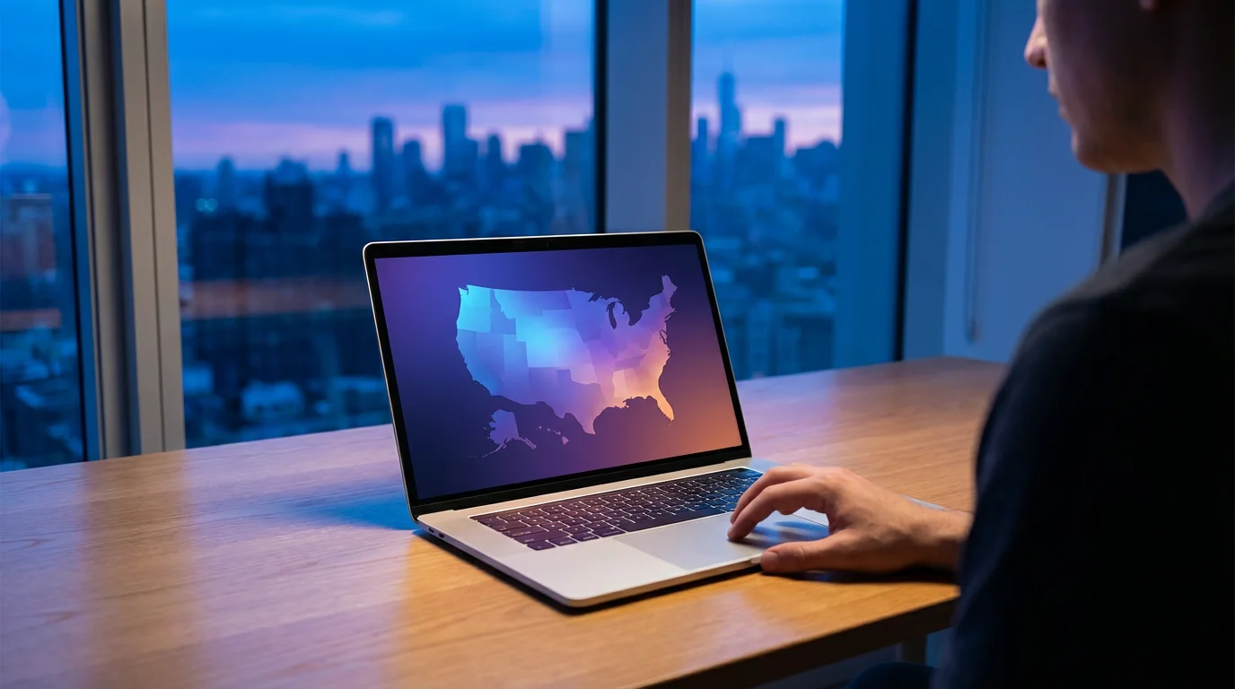 Person at desk using laptop with abstract map during blue hour to check availability.