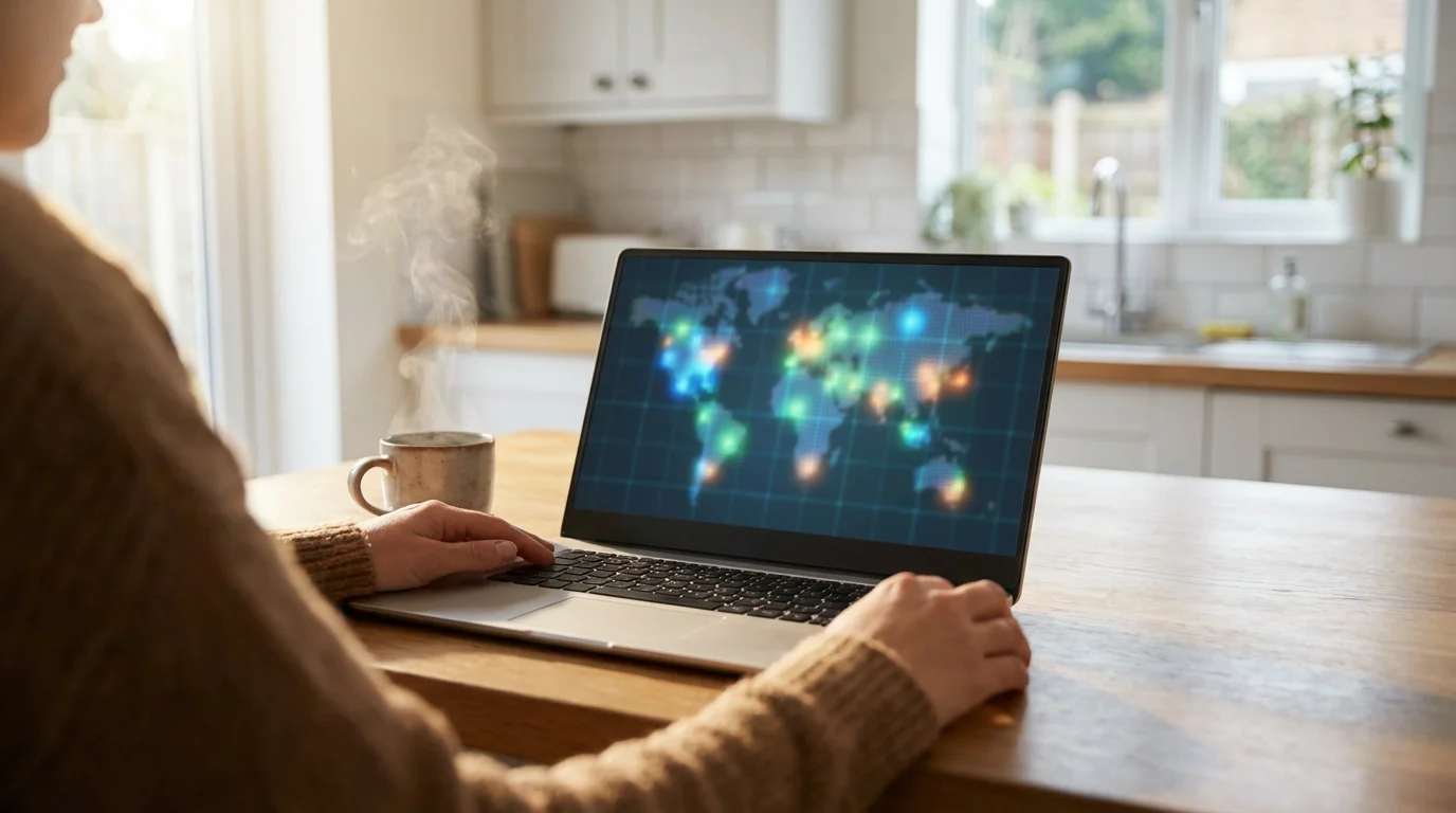 Person checking local channel availability on a laptop in a sunlit kitchen.