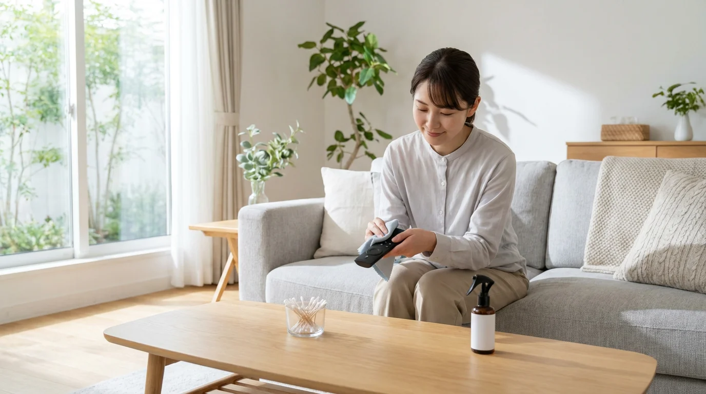 Person cleaning a black streaming remote on a coffee table in a modern living room.