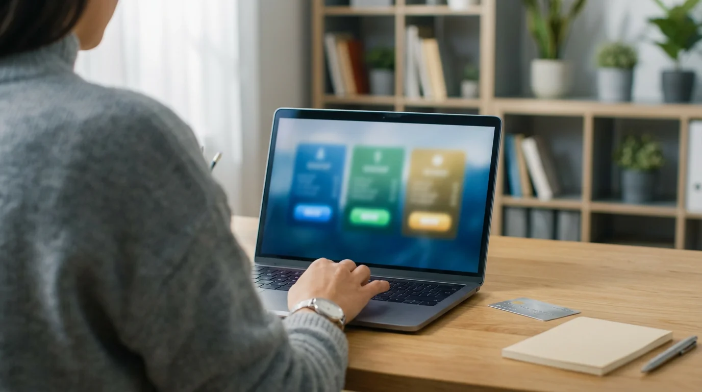 Person comparing three subscription tier options on a laptop screen in a home office.