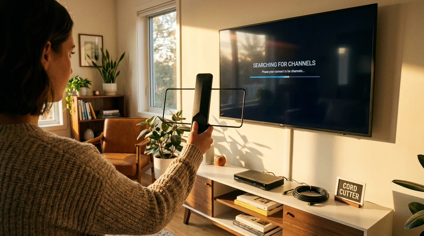 Person connecting a modern indoor TV antenna to their television in a sunlit room.