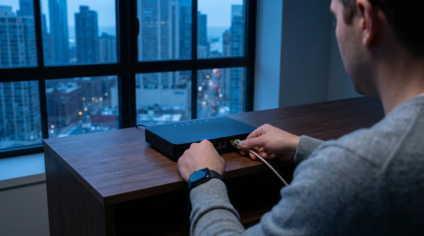 Person connecting an ethernet cable to a modern WiFi router during the evening blue hour.