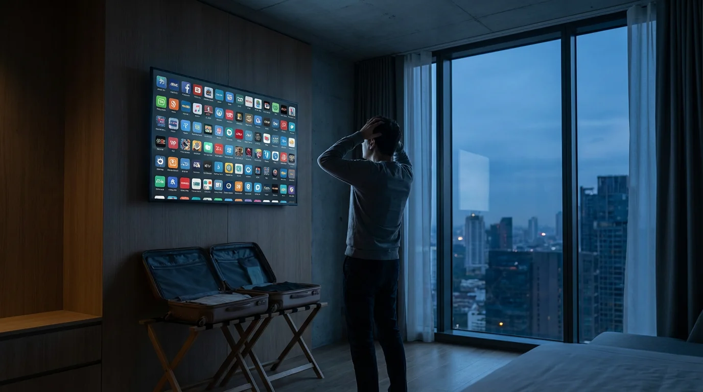 Person frustrated by a generic smart TV interface in a hotel room at dusk.