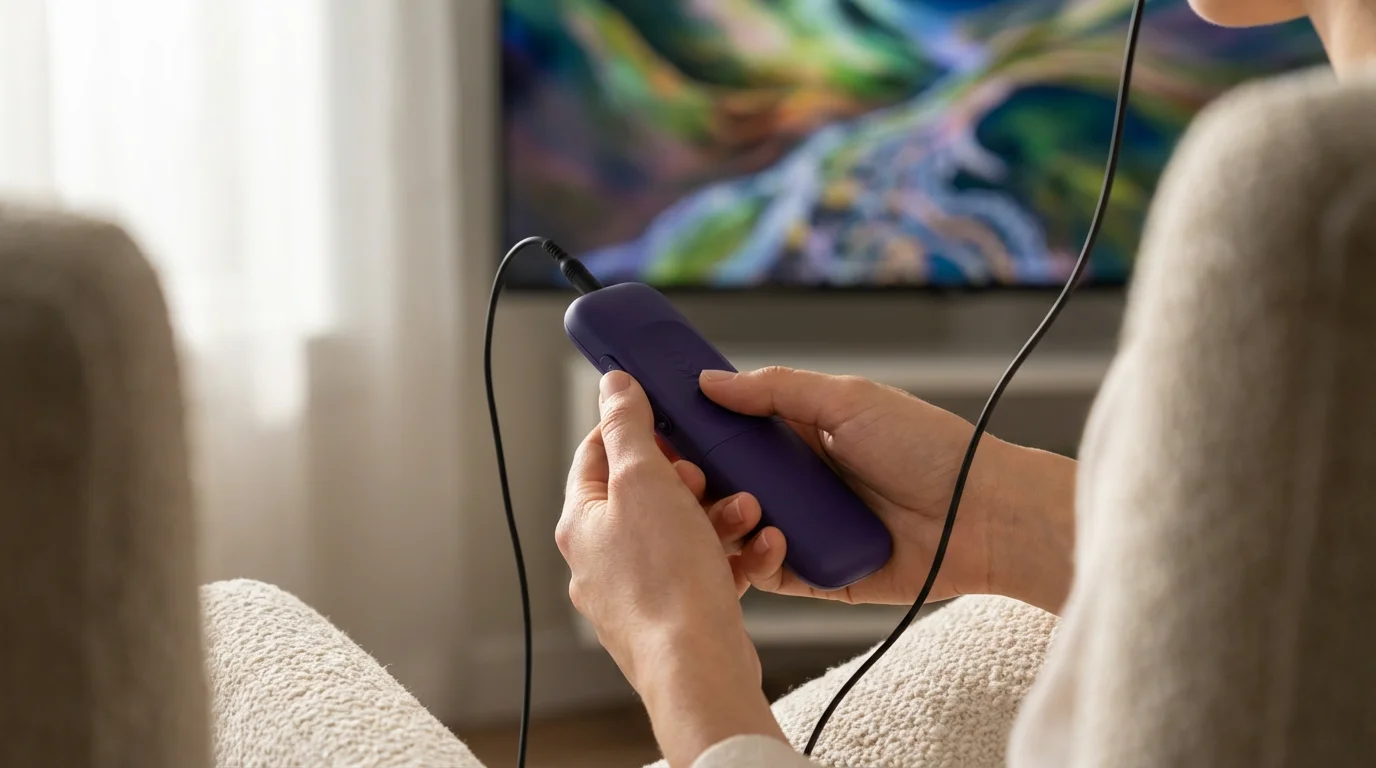 Person holding a streaming remote with headphones plugged in for private television listening.
