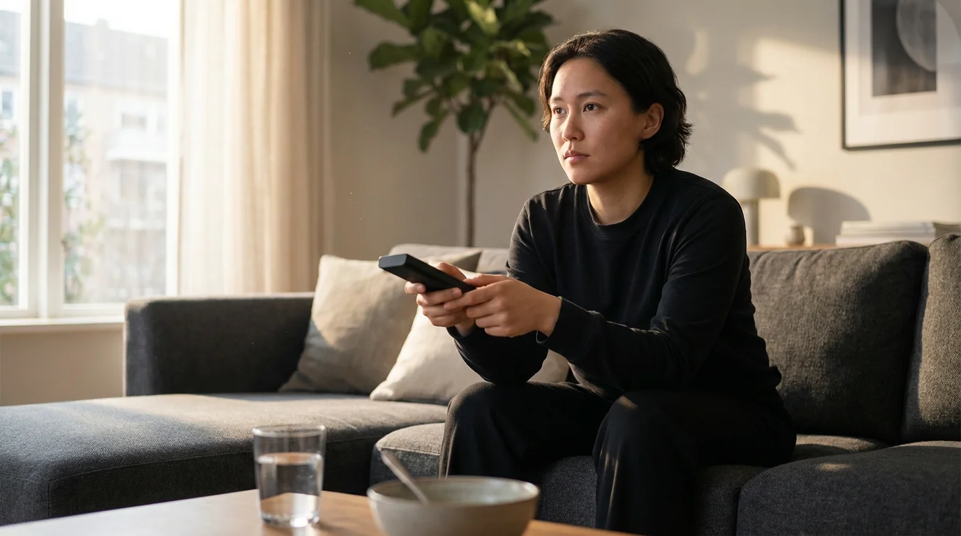 Person holding remote control on sofa in a sunlit modern living room.