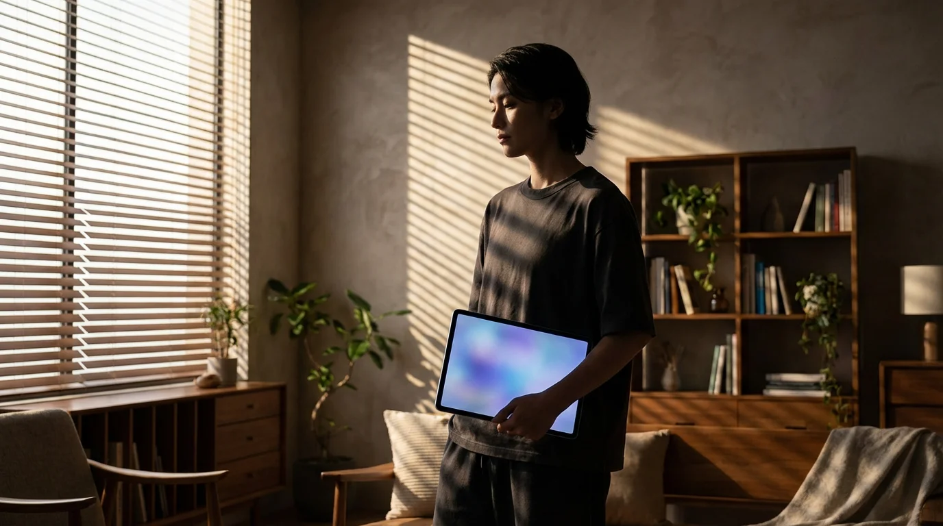 Person holding tablet in moody afternoon lighting making digital streaming choices.