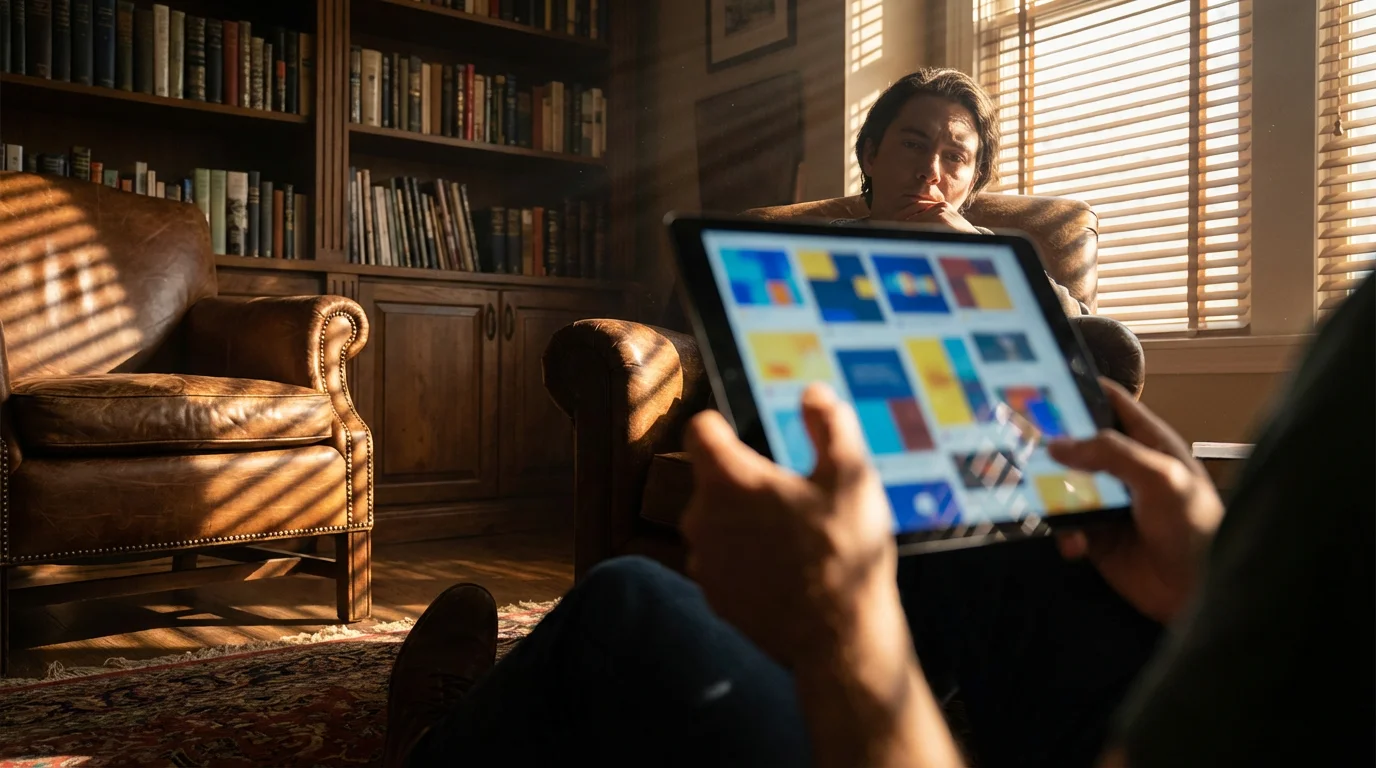 Person holding tablet with abstract news interface in moody lighting.