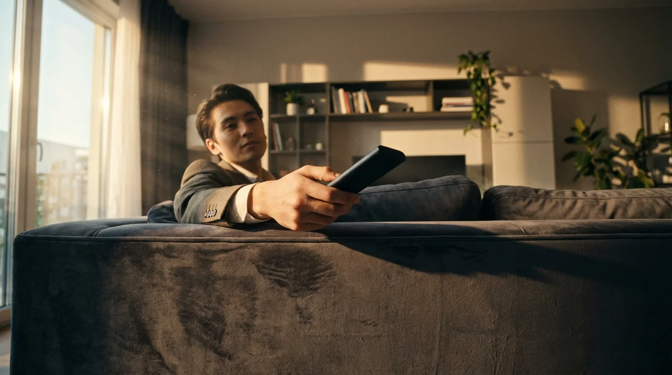 Person holding TV remote on a sofa during golden hour, representing smart subscription management.